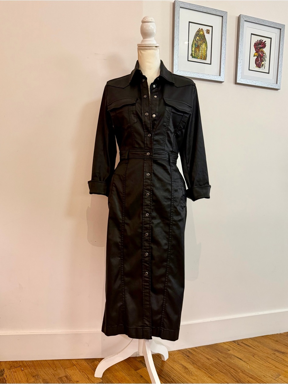 7 For All Mankind Black Long Snap-Front Shirt Dress, coated, leather-look.
